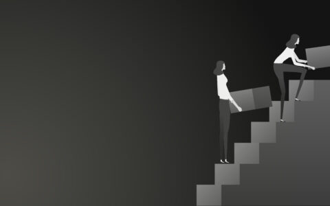 Black and white illustration of 2 women walking up stairs holding boxes.