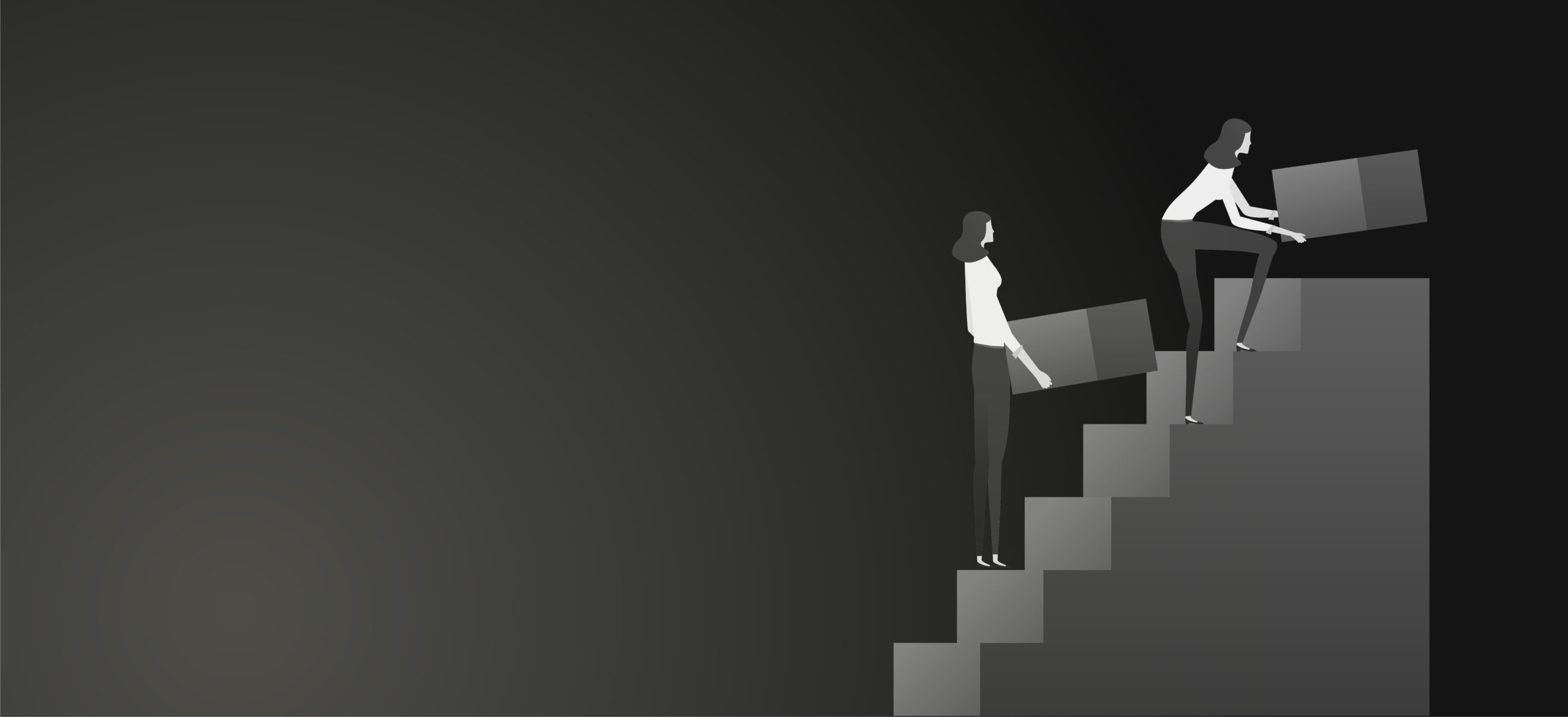 Black and white illustration of 2 women walking up stairs holding boxes.